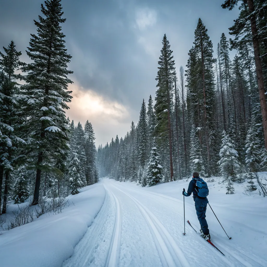 Cross-country skiing in snowy forest